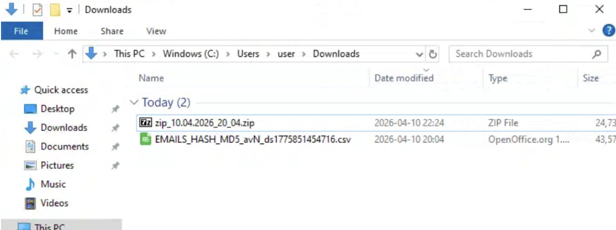 Downloaded files showing archive and CSV artifacts