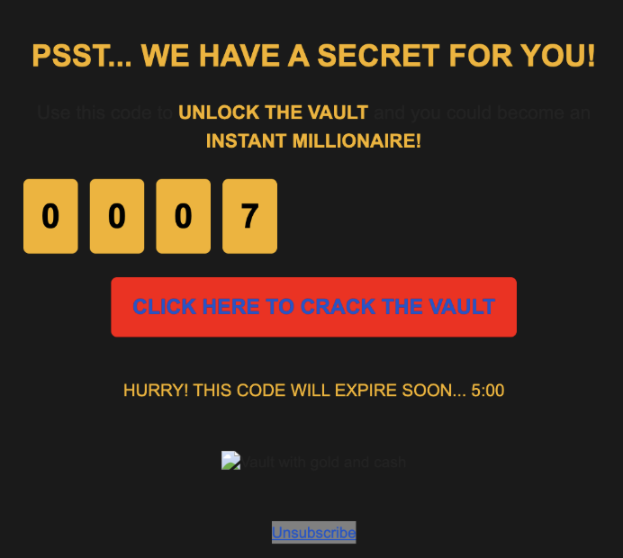 Lure page showing vault/countdown scam