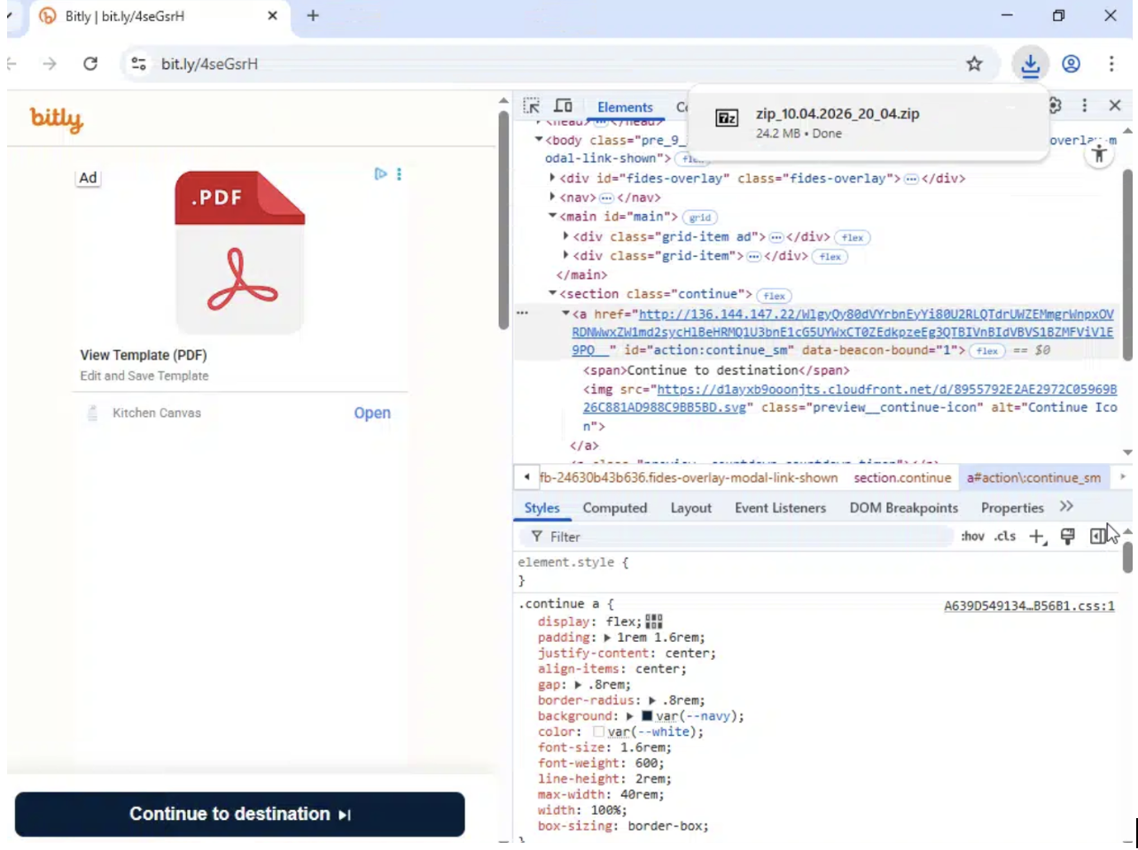 Browser developer tools showing redirect chain and HTML structure